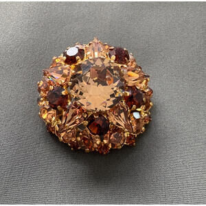 Vintage Round Brooch Pin Amber Brown Rhinestones Gold Tone Unsigned